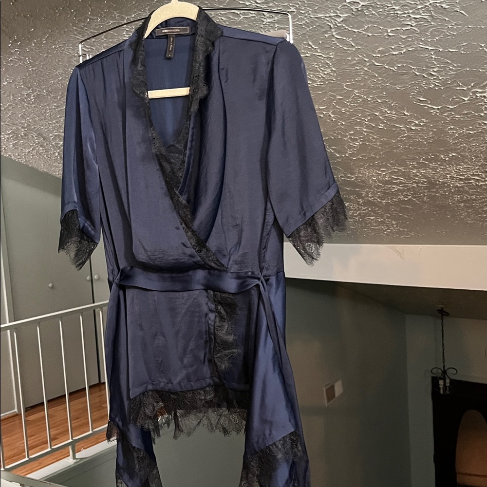 Navy Blue BCBG Maxazria Lace Trim blouse.